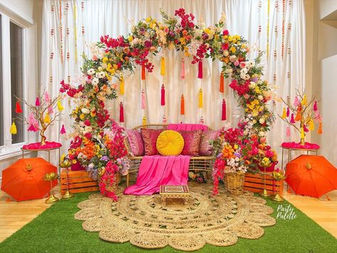 The Party Palette Co. | Event Decor & Styling on Instagram: “Last Mehndi Night of 2022! 🌺💛 Glad we ended it off with another creation of our most requested backdrop this year! ☺️ Decor & Styling // @…” Mehndi Decor Backdrops, Holud Night Decoration, Simple Function Decoration, Indian Mehndi Decoration, Mehndi Stage Design, Mendhi Backdrop Mehndi Decor, Simple Mehendi Backdrop, Mehendi Decor Home, Mehendi Background Decor