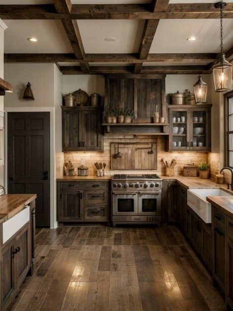 Bloxburg Cabin Kitchen Ideas, Vintage Barndominium Ideas, Farmhouse Barndominium Ideas, Kitchen Log Home, Log Cabin Homes Interior Kitchen, Rustic Barndominium Interior, Barndominium Kitchen Open Concept, Lake House Kitchen Ideas, Barndominium Kitchen Ideas