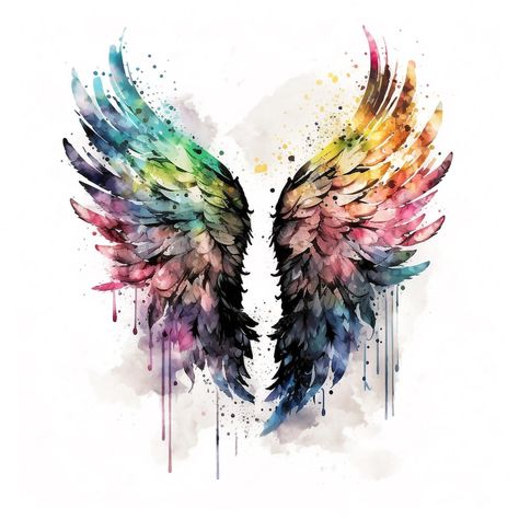 Abstract Angel Wings Painting, Watercolor Wings Tattoo, Abstract Wing Tattoo, Watercolor Splash Tattoo, Watercolor Angel Wings, Watercolor Tattoos For Women, Watercolor Tattoo Music, Diana Tattoo, Rainbow Angel Wings