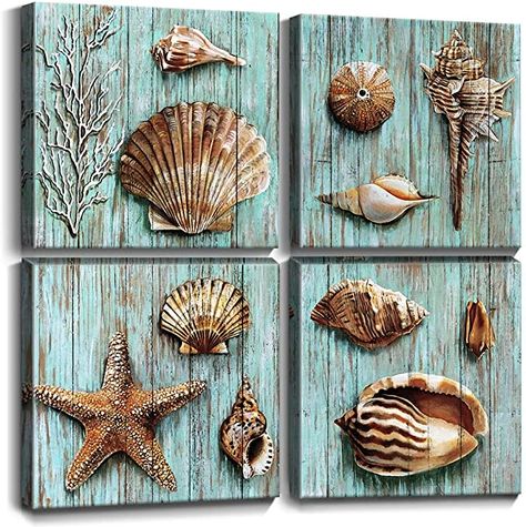 Teal Bedroom Walls, Shell Artwork, Home Wall Painting, Bathroom Wall Decor Art, Seashell Wall Art, White Canvas Art, Kitchen Artwork, Flower Canvas Wall Art, Beach Bathroom Decor