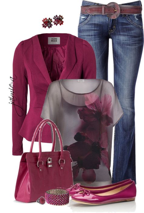 "Tory Burch Flats & Raspberry" by jaimie-a ❤ liked on Polyvore Raspberry Outfit, Mode Ab 50, Mode Tips, Stylish Blazer, Mode Jeans, Pink Blazer, Pinterest Fashion, Tory Burch Flats, Complete Outfits