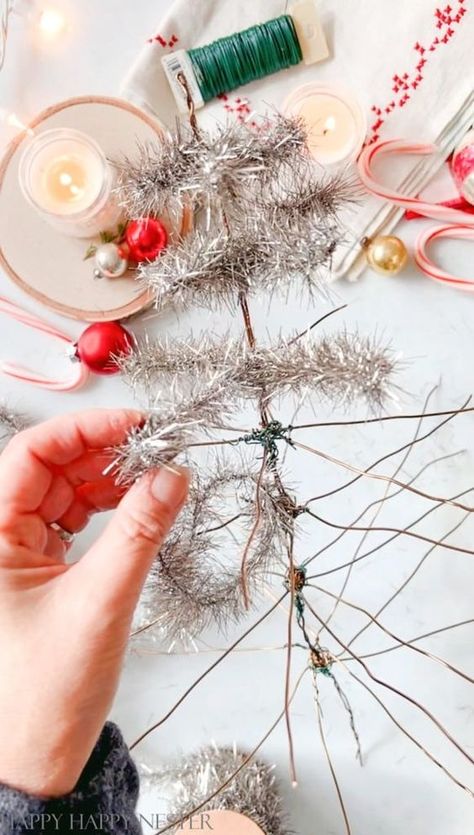 Vintage Tinsel Tree DIY - Happy Happy Nester Feather Trees Christmas Vintage, Old Ornaments Ideas, Diy Vintage Inspired Ornaments, Tinsel Christmas Decorations, Diy Tin Ornaments, Vintage Tinsel Tree, Diy Pipe Cleaner Christmas Tree, Bead Tree Diy, Diy Vintage Ornaments Christmas