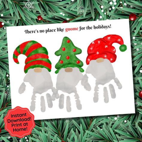 Kids will have a lot of fun this holiday season creating this cute There's No Place Like Gnome for the Holidays Handprint / Fingerprint Craft! Create the gnomes beards with children's handprints and the gnomes noses with their fingerprints! A unique and sentimental gift giving idea. A great resource for teachers as a daycare, preschool, kindergarten or homeschool Holiday activity! Instant Download. You will receive 3 different sizes: (1) 8x10 inch PDF File (1) 8.5x11 inch PDF File (1) A4 PDF Fil Christmas Handprint Canvas Ideas, Christmas Crafts Two Year Olds, Christmas Crafts On Canvas For Kids, Hand Print Christmas Decorations, Hand And Foot Print Christmas Art For Kids, Diy Christmas Paintings On Canvas Kid Hand Prints, Christmas Kids Crafts Handprints, Hand Print Christmas Crafts For Kids, Miseltoe Crafts For Kids