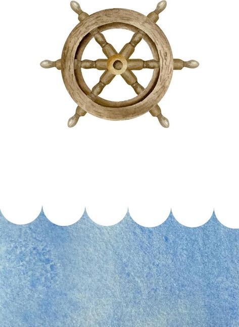 Watercolor cartoon blue waves with old wooden steering wheel on white background. Nautical marine background for children card and invitation Marine Background, Nautical Background, Watercolor Cartoon, Vector Typography, Blue Waves, Kids Cards, Steering Wheel, Wallpaper Backgrounds, Nautical