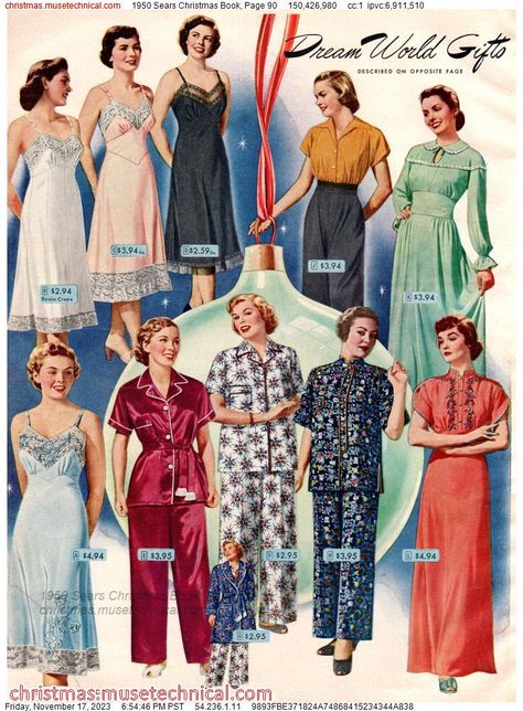 1950s Fashion Catalog, Vintage Holiday Outfit, 1950s Nightwear, 1950s Housewife Fashion, 1950s Sleepwear, Vintage Christmas Outfit, 1950s Pajamas, Lana Lobell, Vintage Pyjamas