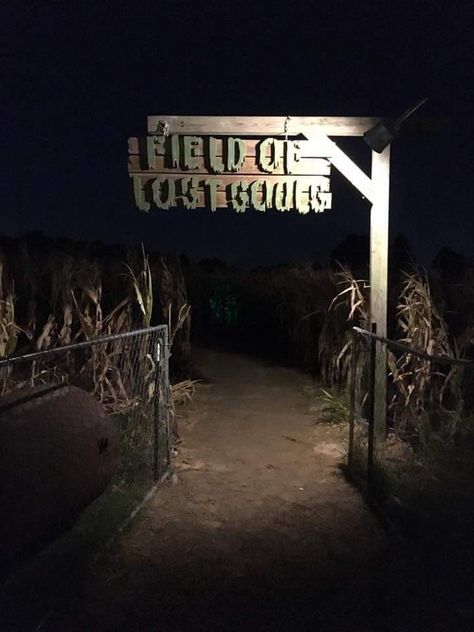 Scary Halloween Aesthetic Pictures, Haunted House Attraction Aesthetic, Outdoor Haunted Trail Ideas, Scary Corn Maze, Horror Farm, Haunted Hayride Ideas, Horror Maze, Haunted Farm, Haunted Trail Ideas