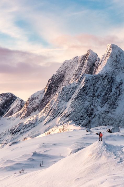 Beautiful winter scenery in Norway. Snow-capped Norwegian mountain with a hiker looking on Mountain Pictures, Image Nature, Snowy Mountain, Mountain Photography, Winter Scenery, Snow Mountain, Winter Pictures, Beautiful Places In The World, Beautiful Mountains