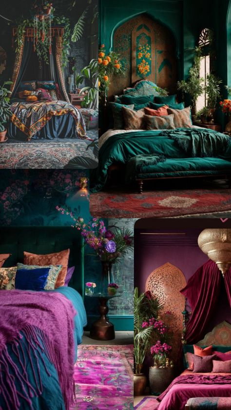 Dark Jewel Tone Bedroom, Jewel Tone Bedroom, Moody Rooms, Peacock Bedroom, Velvet Bedroom, Amber Room, Nice Rooms, Moody Vintage, Orange Bedroom