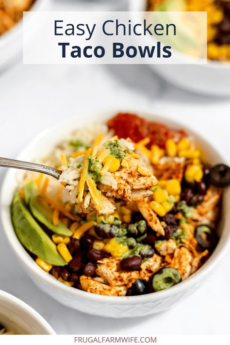 Easy chicken taco bowls - The Frugal Farm Wife Chicken Taco Bowl, Easy Chicken Taco, Rotisserie Chicken Tacos, Chicken Taco Bowls, Chicken Tacos Easy, Taco Bowl, Cilantro Lime Sauce, Super Easy Dinner, Farm Wife