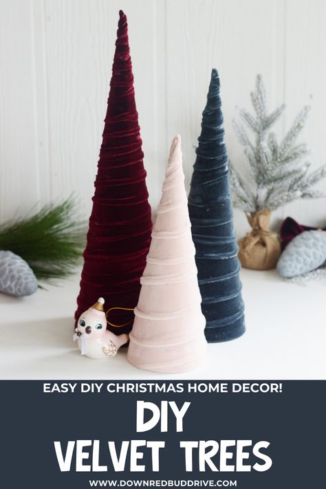 These DIY Velvet Trees are the perfect way to add elegance to your Christmas home decor this year! They're an easy DIY Christmas project! DIY Velvet Trees | Velvet Christmas Decorations | Velvet Christmas Decor | Velvet Tree | Elegant Christmas Decor | Jewel Tone Christmas Decor | DIY Christmas Home Decor | Down Redbud Drive Jewel Tone Christmas Decor, Velvet Christmas Decor, Jewel Tone Christmas, Diy Christmas Home Decor, Velvet Tree, Diy Christmas Decorations For Home, Christmas Cones, Elegant Christmas Decor, Glam Christmas