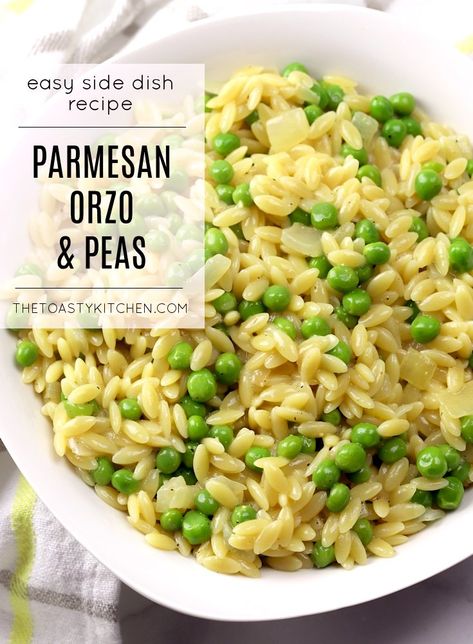 Parmesan Orzo and Peas by The Toasty Kitchen #sidedish #orzo #pasta #parmesan #peas #homemade #easy #meal #recipe Orzo And Peas, Orzo Recipes Side, Pasta Parmesan, Parmesan Orzo, Pasta With Peas, Plats Healthy, Pasta Side Dishes, Rice Side, Orzo Recipes