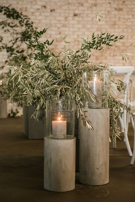 Rustic Contemporary Wedding, Natural Stone Wedding Decor, Organic Wedding Florals, Olive Branch Wedding Decor, Concrete Wedding Decor, Stone Wedding Decor, Organic Modern Wedding, Chapel Decorations, Organic Wedding Decor