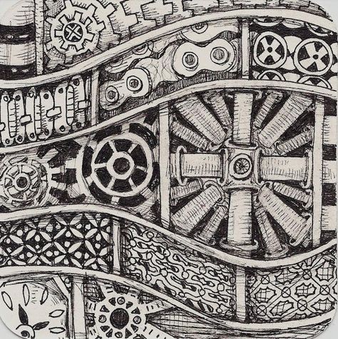 Life Imitates Doodles: Day 5 of Steampunk Week at Pattern-Collections #Steampunk #tangle #Zentangle Steampunk Drawing, Steampunk Patterns, Art Therapy Projects, Mechanical Art, Dark Artwork, Art Journal Techniques, Tangle Patterns, Zentangle Drawings, Doodles Zentangles