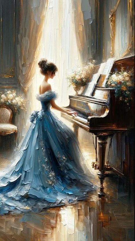 Oil Painting Dress, Piano Oil Painting, Blue Piano, Best Painting Ever, Piano Painting, Piano Art, Playing The Piano, Captivating Art, Photo To Art