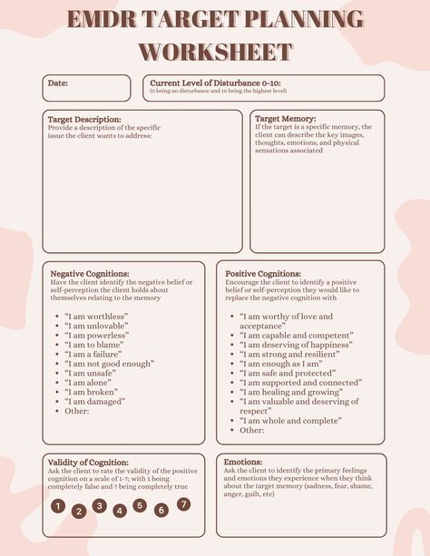 These Eye Movement Desensitization and Reprocessing (EMDR) worksheets offer guided questions and sections to collaborate with a client around what they are targeting in EMDR therapy. Sections include target descriptions, target memories, identifying negative and positive cognitions, the validity of cognitions, emotions that the target brings about for the client, identifying bodily sensations, goals of therapy, coping skills, and any other relevant data that the client may share in target planni Emdr Worksheets, Social Work Interventions, Planning Worksheet, Eye Movement, Clinical Social Work, Classroom Makeover, Emdr Therapy, Therapy Quotes, Therapeutic Activities