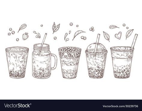 Tea Sketch, Flavored Teas, Famous Drinks, Milk Dessert, Dessert Cup, Boba Drink, Bubble Milk Tea, Art Drawings Sketches Pencil, Sweet Drinks