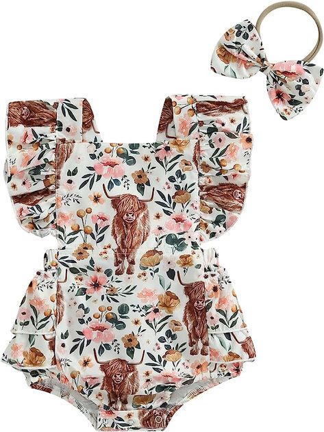 Karuedoo Western Baby Girl Clothes Cow Print Romper Ruffle Sleeveless Onesie Bodysuit Headband Infant Cowgirl Outfit Country Baby Girl Clothes, Baby Cowgirl Outfits, Western Baby Girls, Western Baby Clothes, Country Baby Girl, Western Girl Outfits, Baby Clothes Country, Cowgirl Baby, Western Baby