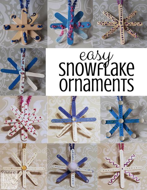 Popsicle Stick Snowflake Ornaments, Popsicle Stick Snowflake, Easy Ornaments, Snowflake Craft, Christmas Crafts For Toddlers, Preschool Christmas Crafts, Ornament Craft, Winter Craft, Popsicle Stick Crafts