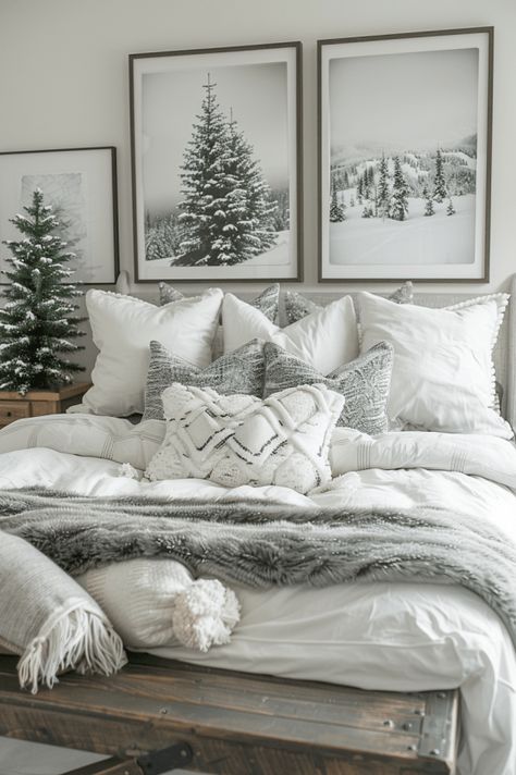 Top Cozy White Winter Bedroom Decor Ideas Cozy Winter Bedding Bedrooms, Master Bedrooms Decor Cozy Christmas, Snow Room Decor, Winter Interior Design Decorating Ideas, Winter Wonderland Bedroom Decor, Farmhouse Bedroom Christmas, Winter Wonderland Room Ideas, Snowy Bedroom Aesthetic, Winter Bedroom Decor Ideas