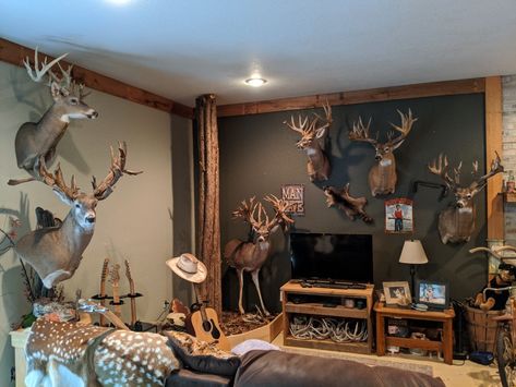 This is a collection of deer harvested from Kentucky to Pennsylvania, from hunting preserves that my son and I go to. We hand did most everything in this picture. Deer Hunting Room, Deer Mounts In Living Room Farmhouse, Deer Mounts In Living Room, Trophy Rooms Hunting, Hunting Room Ideas Man Caves, Hunting Room Decor, Deer Mount Decor, Hunting Man Cave, Deer Hunting Decor