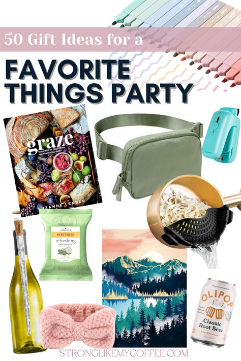 Are you hosting or attending a Favorite Things Party? Here's an explanation of what a Favorite Things Party is, plus over 50 gift ideas ranging from $5-$20! Favorite Things Party Gift Ideas, Favorite Things Gift Exchange, Friendsmas Party, Party Gift Ideas, Girls Night Crafts, Favorite Things Party, Coffee Blog, Girls Night In, Sparkling Drinks