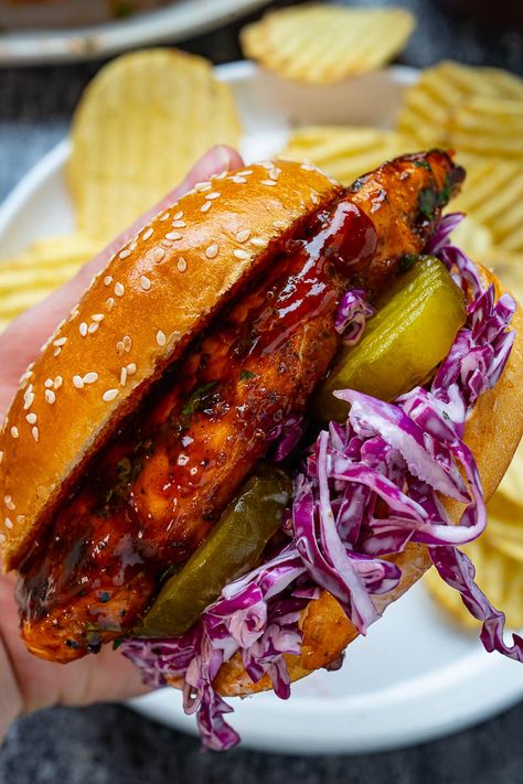 Honey Garlic BBQ Grilled Chicken Sandwich Honey Bbq Chicken Sandwich, Hot Honey Grilled Chicken Sandwich, Honey Garlic Chicken Sandwich, Grilled Chicken Thigh Sandwich Recipes, Grilled Chicken Sandwich Sides, Grilled Bbq Chicken Sandwich, Grilled Chicken Dinner Ideas, Summer Beef Recipes, Chicken Bbq Sandwich