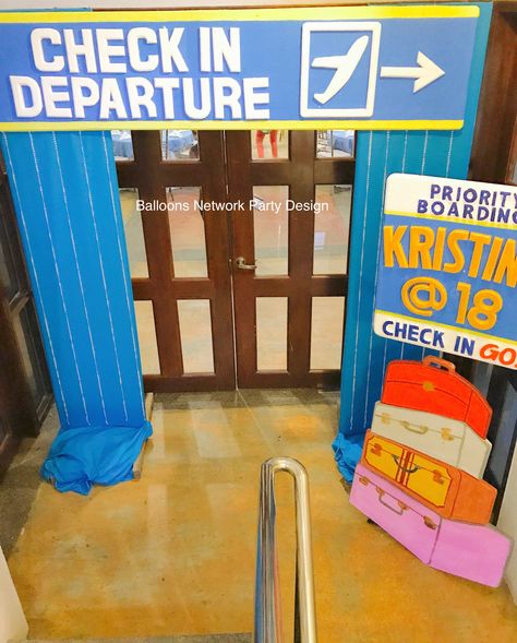 Airport Decorations Airplane Party, Flight Classroom Theme, Airplane Runway Landing Strip Diy, Airport Themed Classroom, Airplane Door Decoration, Travel Vbs Decorations, Travel Classroom Door Ideas, Airport Decorations Travel Themes, Airport Theme Classroom