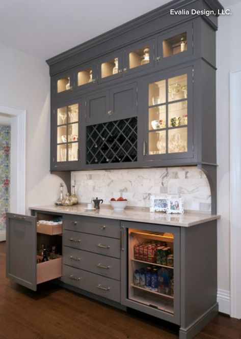 Butler's Pantry Bar Cabinet with Wine Storage, Beverage Refrigerator, Lighted Cabinetry, and Liquor Cabinet Corner Bar Cabinet, Modern Home Bar, Home Bar Design, Home Coffee Bar, Home Bar Designs, Kitchen Remodel Idea, Wet Bar, Mini Bar, Bars For Home