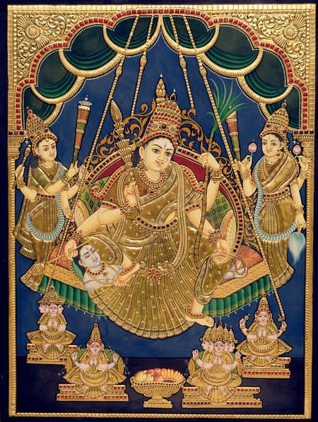 Tanjore Painting: Raja Rajeshwari Size:24 x 36 inches. Handmade 22k Gold foil and stonework. Customized paintings available https://my.mtr.cool/ceefwsibaf Mysore Painting, Indian Traditional Paintings, Buddhist Art Drawing, Tanjore Paintings, Goddess Decor, Tanjore Painting, Goddess Artwork, Indian Folk Art, Indian Paintings