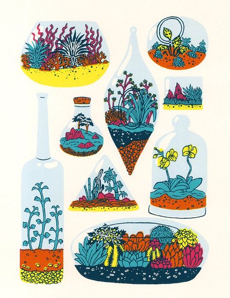 "A limited edition, silk screen print of colorful Terrariums.  Can make a nice print to compliment your cozy space, with all your other real plants. Each print was printed on high-quality, 250gsm archival cream-colored (natural white) printmaking paper and signed by the artist with its edition number. Because of the nature of screenprinting, some prints will have variations of registration and color. Dimensions: 9\" x 11 1/2\" If you may have any questions about my listings, please feel free to Tumblr, Pastel, Cottagecore Art, Art College, Succulent Art, Cactus Print, Dorm Decor, Silk Screen, College Dorm