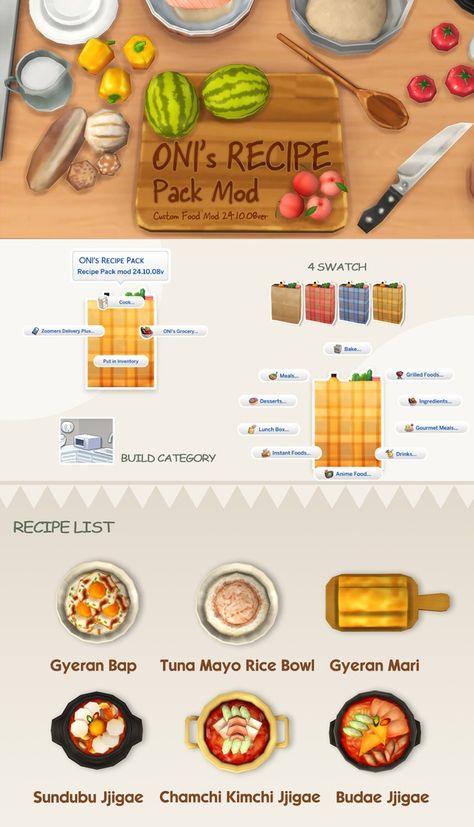 RECIPE PACK MOD | De la collection | 37 posts créée par ONI | Patreon Oni's Recipe Sims 4, Oni Sims 4 Food, The Sims 4 Cc Food Mod, Sims 4 Oni Recipe, Sims 4 Food Override, Sims 4 Food Cc, Tuna Mayo, Cc Mods, Instant Recipes