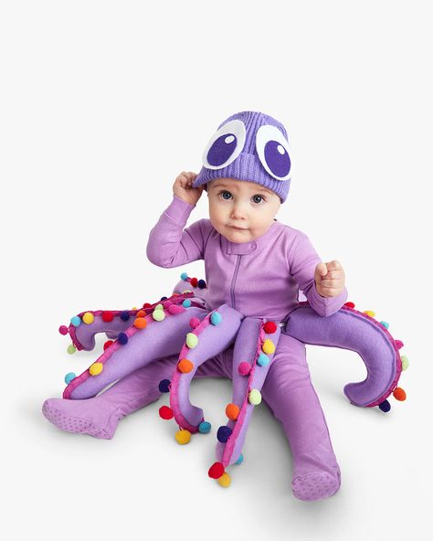 Top 20 Easy DIY Halloween Costumes of 2023 | Primary.com Baby Octopus Costume, Sea Creature Costume, Baby Jellyfish, Diy Baby Costumes, Octopus Costume, Octopus Hat, Felt Pom Pom, Double Sided Fabric, Baby Octopus