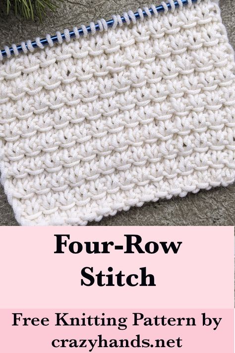 Learn how to knit a four row stitch that works great for blankets, towels, and cardigans. #knitstitch #knitstitchpattern #knittingstitch #knittingstitches #knittedstitch #knittingpattern #knitpattern #knitting #knit #howtoknit Easy Textured Knitting Stitches, Moss Stitch Knitting Pattern, Waffle Stitch Knitting Pattern, Different Knitting Stitch Patterns, Texture Knitting Stitches, Simple Knit Stitches, Reversible Knit Stitches, Simple Knitting Stitches, Easy Knit Stitches