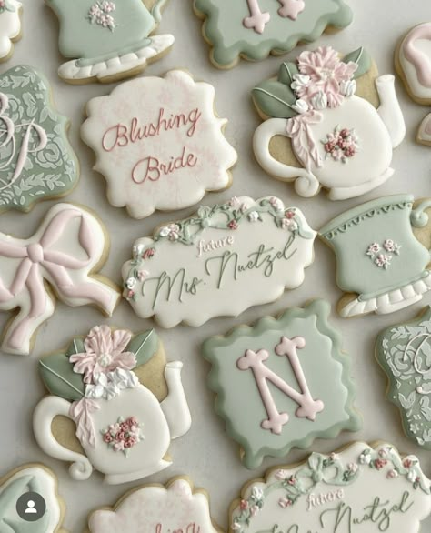 Kitchen Tea Decor Ideas, Bridal Tea Cookies, Tea Party Themed Cookies, Hen Do Afternoon Tea, Bridal Shower Vintage Tea Party, Tea Party Royal Icing Cookies, 60th Birthday Tea Party Ideas, Disney Bridal Shower Cookies, Bachelorette High Tea