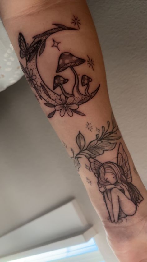 Fairy Garden Half Sleeve Tattoo, Small Medium Tattoo Ideas, Mythical Creatures Tattoo Sleeve, Moon And Mushroom Tattoo, Mushroom Tattoos For Women, Fairy Grunge Tattoo, Ethereal Tattoo Sleeve, Fairy Core Tattoos, Whimsical Tattoos For Women