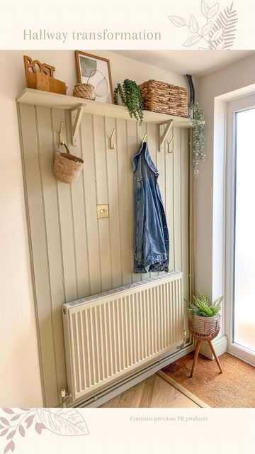 Small Hall Panelling, Panelled Hallway Entryway, Hide Radiator Ideas Hallways, Panelled Coat Rack, Coat Hook Panelling, Shiplap Panelling Hallway, Panelling Small Hallway, Unusual Panelling Ideas, Panelled Porch Walls