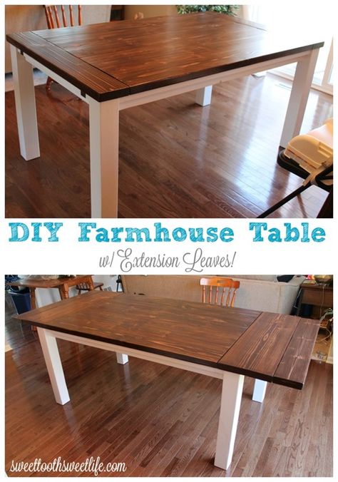 DIY Farmhouse Table with Extension Leaves Diy Farmhouse Table Plans, Table With Extension, Farmhouse Table Plans, Diy Dining Room Table, Dining Table With Leaf, Diy Table Top, Diy Dining Room, Farmhouse Kitchen Tables, Diy Farmhouse Table