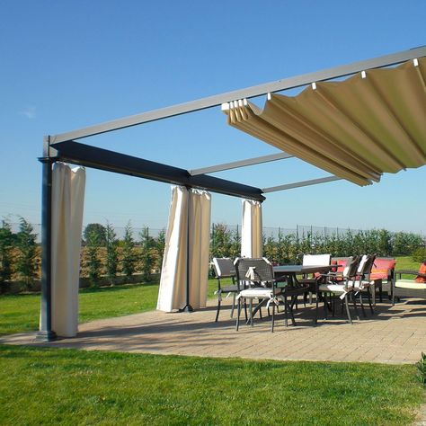 Wall-mounted pergola Elettra Unosider: the elegance of forged iron, the comfort of electric opening Electric Pergola, Iron Pergola, Wisteria Pergola, Pergola Ideas For Patio, Wall Mounted Pergola, Curved Pergola, White Pergola, Steel Pergola, Pergola Swing