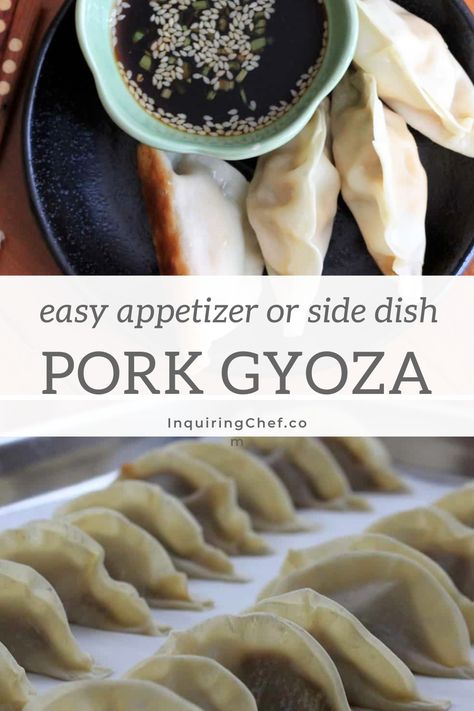 Flavorful pork gyoza dumplings are bite-sized, super savory, and stuffed with a juicy and aromatic pork and chive filling. These tender, freezer-friendly snacks are perfect for entertaining, or can be enjoyed as part of an easy weeknight meal. #dumplings #porkgyoza #Japaneserecipe #easyrecipe #appetizer #sidedish Pork Gyoza Recipe, Pork Gyoza, Gyoza Recipe, Gyoza Dumplings, Side Dishes For Fish, Side Dish Recipes Easy, Vegetarian Appetizers, Fast Easy Meals, Asian Inspired Recipes