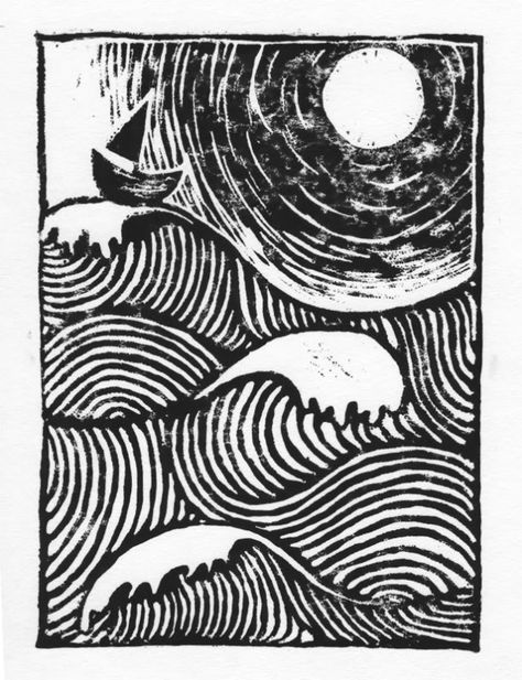 'sloeblack, slow, black, crowblack, fishingboat-bobbing sea' linocut print by Laura Fox Gill. http://laurafoxgill.me.uk/ Tags: Linocut, Cut, Print, Linoleum, Lino, Carving, Block, Woodcut, Helen Elstone, Sea, Waves, Moonlight, Ocean, Boat. Linoleum Printmaking, Lino Cuts, Linoleum Print, Linoleum Block Printing, Linocut Printmaking, Lino Art, Relief Printing, Lino Cut, Linocut Art