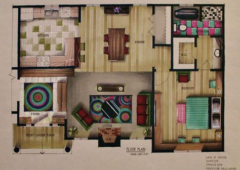 Marker Rendering on the SCAD Portfolios Van Dang Rendered Floor Plan Alcohol Markers, Marker Rendering Interior, Rendering Interior Design, Marker Rendering, Rendering Interior, Marker Color, Rendered Floor Plan, Interior Design Renderings, Interior Design Plan