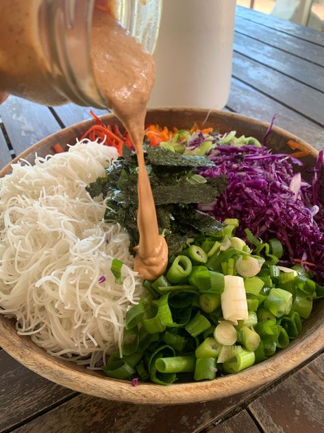 Satay Noodle Salad — tania ahkin. Satay Salad, Vietnamese Noodle Salad, Peanut Satay Sauce, Vermicelli Salad, Rice Noodle Recipes, Rice Noodle Salad, Red Cabbage Salad, Rainbow Salad, Satay Sauce