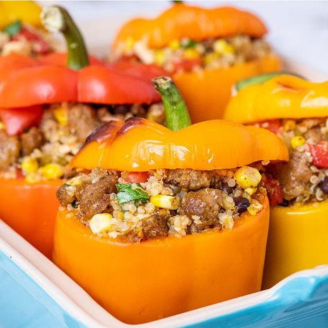 Beyond Sausage Stuffed Peppers - Beyond Meat - The Future of Protein™ Essen, Beyond Beef Recipes, Beyond Sausage, Sausage Stuffed Peppers, Meat Stuffing, Savory Snack Recipes, Quinoa Stuffed Peppers, Sausage Stuffing, Plant Based Burgers