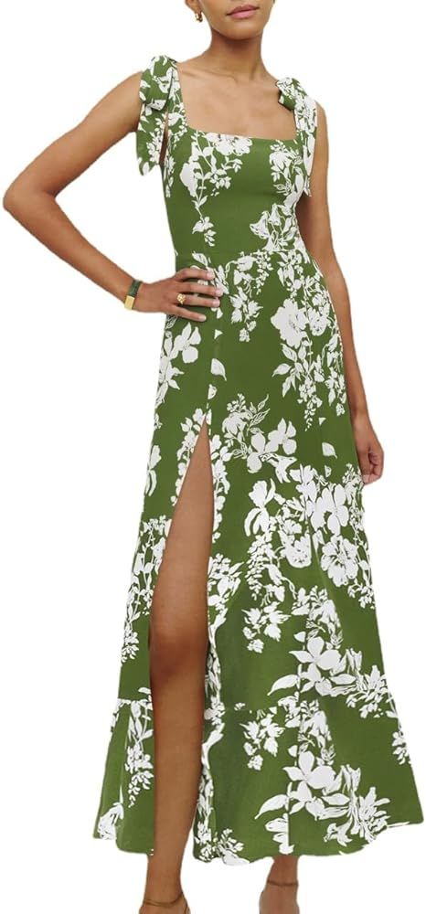 Amazon.com: Women Bridesmaid Dresses Square Neck Ruffle Split Midi Dress Adjustable Wide Tie Straps Sundress with Belt for Wedding Guest Grey-Green : Clothing, Shoes & Jewelry Floral Dress For Wedding, Belted Floral Dress, Suspenders For Women, Sleeveless Skirt, Floral Print Dress Long, Dress For Wedding, Dress Women Elegant, Bodycon Maxi Dresses, Split Dress