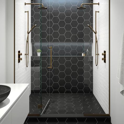 Bedrosians Anthologie 20-Pack Black 8-in x 9-in Porcelain Deco Floor and Wall Tile (Common: 8-in x 9-in; Actual: 9-in x 7.88-in) at Lowes.com Large Tile Bathroom, Hexagon Tile Bathroom, Tile Bathrooms, Black Tile Bathrooms, Tile Lowes, Black And White Bathroom, Bathroom Black, Black Tile, Large Tile