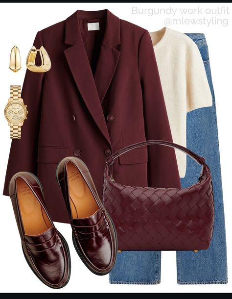 Burgundy Loafers Outfit, Burgundy Blazer Outfit Woman, Burgundy Blazer Outfit, Fashion Jeans Outfit, Burgundy Outfit, Loafers Outfit, Burgundy Blazer, Summer Ootd, Fashion Top Outfits