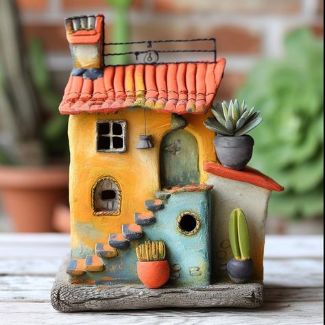 Made with vibrant and colorful clay, these miniature houses are sure to brighten up any room. Clay House Ideas, Ceramics Architecture, Polymer Clay House, Polymer Clay Kunst, Fairy House Crafts, Clay House, Clay Fairy House, Pottery Houses, Diy Doll Miniatures