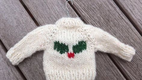 11 Festive & FREE Knitted Christmas Ornaments | Craftsy Christmas Sweater Ornament, Christmas Elfs, Knit Christmas Ornaments, Knitted Christmas Jumpers, Miniature Knitting, Winter Crochet, Jumper Knitting Pattern, Christmas Knitting Patterns, Crochet Goodies