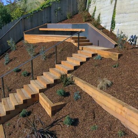 Backyard Ideas Hill Sloped Yard, Garden Design Levels, Landscaping For Sloped Yard, Backyard Landscaping With Sloped Yard, Hill Steps Landscaping, Incline Backyard Landscaping Ideas, Hilly Landscape Ideas Sloped Yard, Steep Slope Backyard Ideas, Diy Sloped Backyard Ideas On A Budget