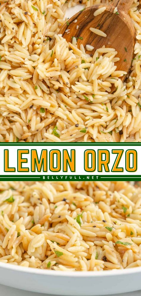 Ready in just 20 minutes, this delicious and light Lemon Orzo recipe is a quick and easy side dish that completes any weeknight dinner. Pairs well with chicken, steak, salmon, or any other protein of choice. Lemon Dishes Meals, Orzo Recipes Asian, Sea Food Side Dishes, Sides Dishes With Salmon, Light Dinner Sides, Steak And Salmon Dinner Sides, Sides To Pair With Salmon, Quick And Easy Dinner Sides, Orzo Recipes With Salmon